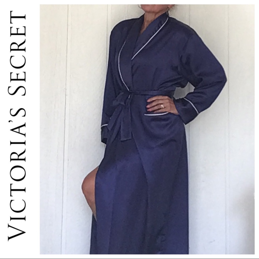 VINTAGE VICTORIAS SECRET 90’s VINTAGE BLUE SATIN LONG ROBE SMALL - Picture 2 of 9